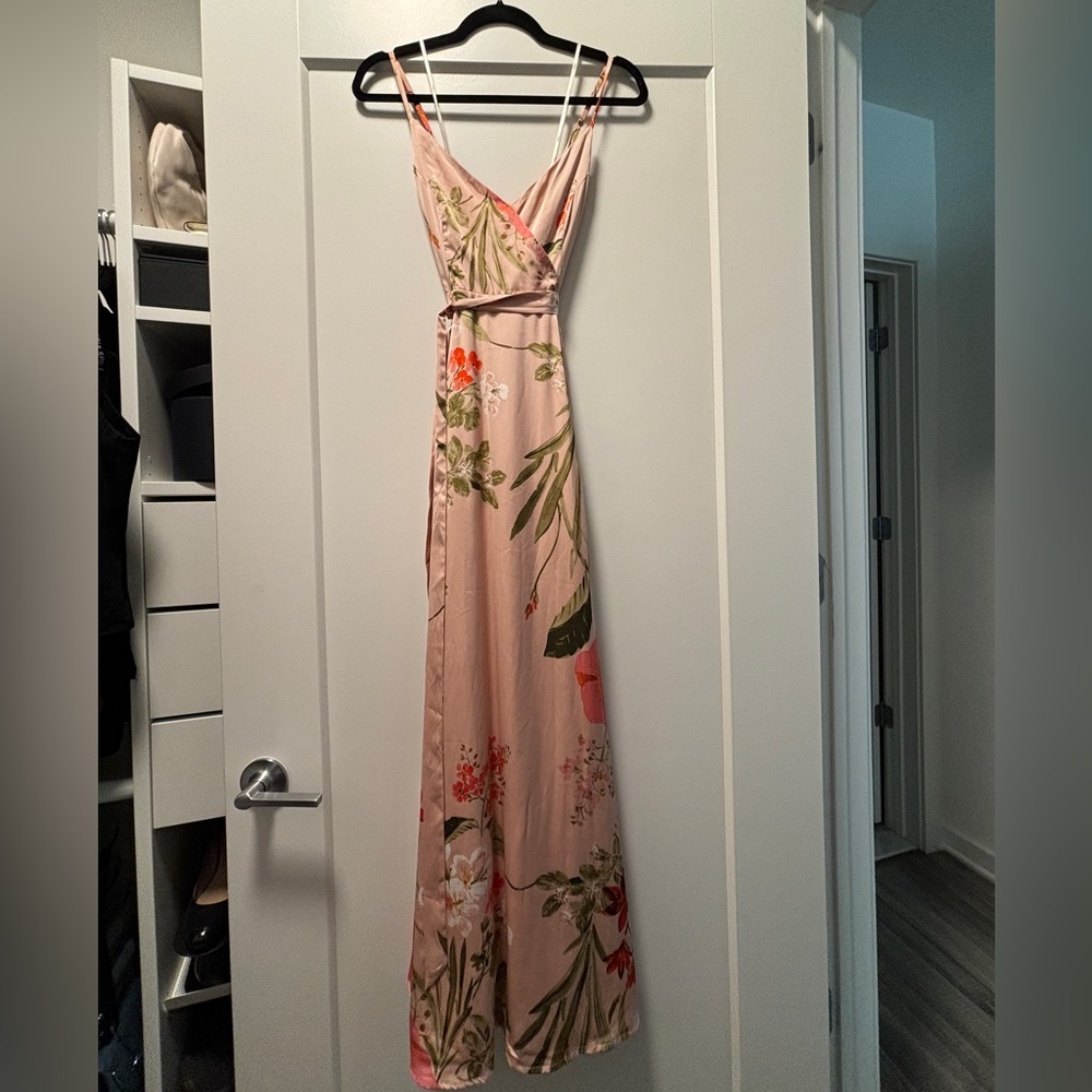 Lulu’s Still the One Blush Pink Floral Print Satin Maxi Dress